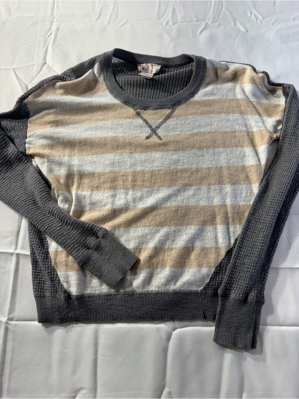 SO Juniors XS  Striped Crewneck Sweater in Gray, White & Tan